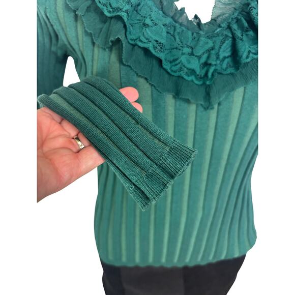 Vintage Evie Silk Ribbed Top Medium Victorian Green Lace Collar Holiday - Picture 12 of 13